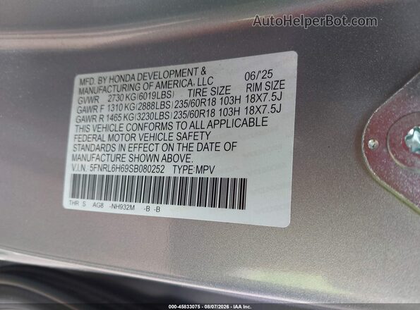 5FNRL6H69SB080252 2025 HONDA ODYSSEY Silver Engine compartment view