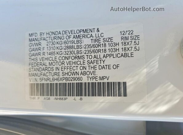 5FNRL6H6XPB029060 2023 HONDA ODYSSEY White Vista de la etiqueta del VIN