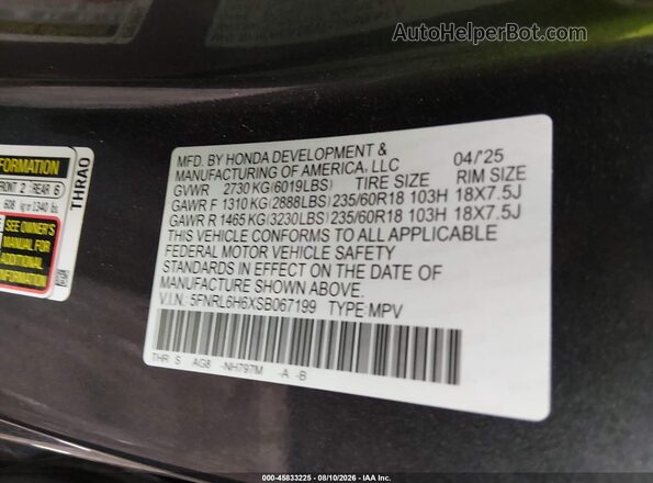 5FNRL6H6XSB067199 2025 HONDA ODYSSEY Gray Շարժիչի բաժամունքի տեսք