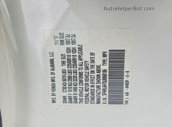 5FNRL6H70JB060186 2018 HONDA ODYSSEY Белый Вид наклейки с VIN-кодом