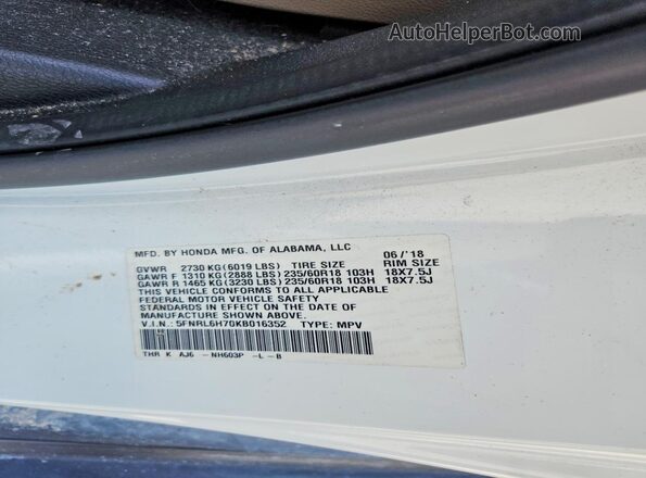 5FNRL6H70KB016352 2019 HONDA ODYSSEY White VIN კოდის სტიკერის ხედი