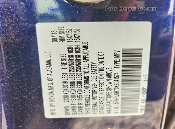 5FNRL6H70KB041574 2019 HONDA ODYSSEY Blue Vista de la etiqueta del VIN