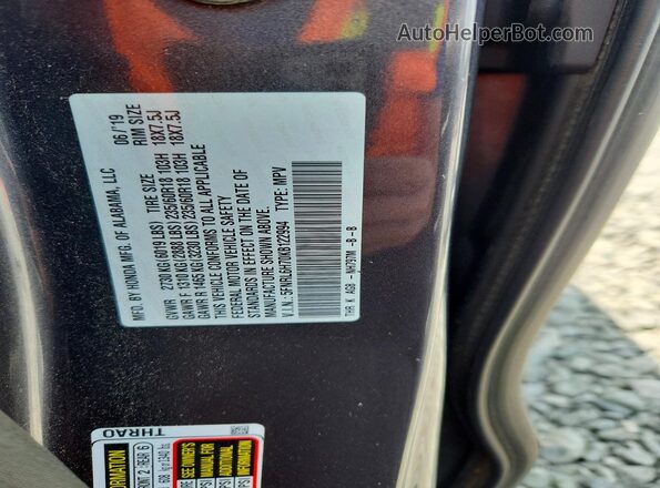 5FNRL6H70KB122994 2019 HONDA ODYSSEY Gray Vista de la etiqueta del VIN