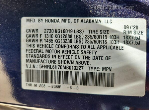 5FNRL6H70MB013227 2021 HONDA ODYSSEY Синий Вид наклейки с VIN-кодом