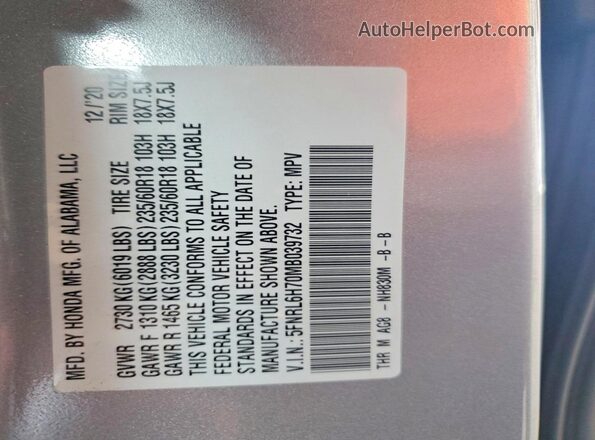 5FNRL6H70MB039732 2021 HONDA ODYSSEY Silver VIN კოდის სტიკერის ხედი