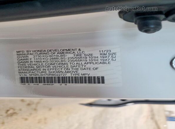 5FNRL6H70RB022727 2024 HONDA ODYSSEY White VIN კოდის სტიკერის ხედი