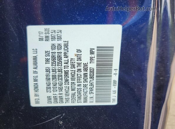 5FNRL6H71JB033837 2018 HONDA ODYSSEY Blue Панорамний вид салону 360°
