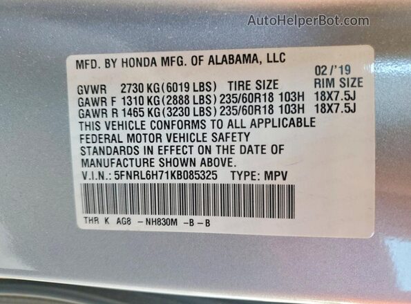 5FNRL6H71KB085325 2019 HONDA ODYSSEY Серебряный Вид наклейки с VIN-кодом