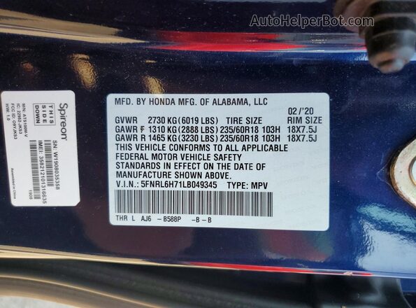 5FNRL6H71LB049345 2020 HONDA ODYSSEY Blue VIN sticker view