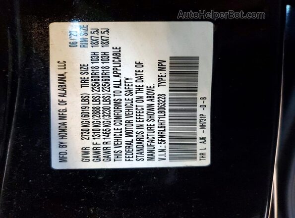 5FNRL6H71LB063228 2020 HONDA ODYSSEY Черный Вид наклейки с VIN-кодом