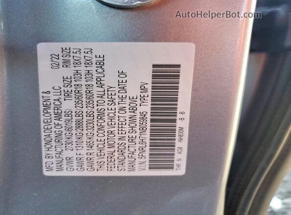 5FNRL6H71NB059845 2022 HONDA ODYSSEY Silver VIN կոդի պիտակի տեսք