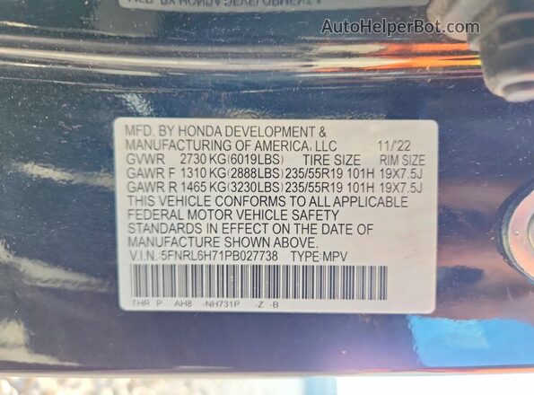5FNRL6H71PB027738 2023 HONDA ODYSSEY Black VIN կոդի պիտակի տեսք