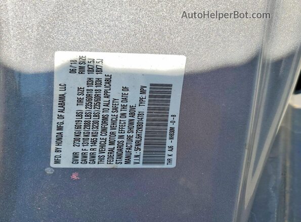 5FNRL6H72KB014781 2019 HONDA ODYSSEY Gray Вид наклейки з VIN-кодом