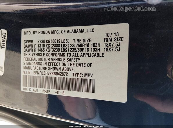 5FNRL6H72KB042872 2019 HONDA ODYSSEY Dark Blue Widok komory silnika