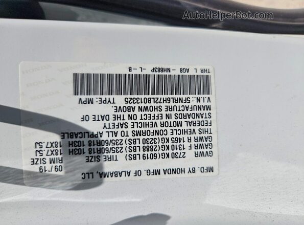 5FNRL6H72LB013325 2020 HONDA ODYSSEY White Вид наклейки з VIN-кодом