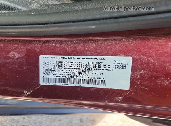 5FNRL6H73JB002167 2018 HONDA ODYSSEY Burgundy 