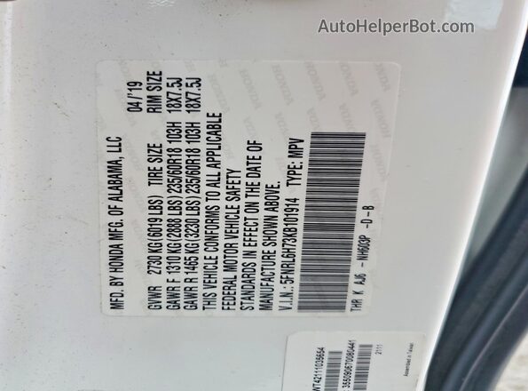 5FNRL6H73KB101914 2019 HONDA ODYSSEY White Widok naklejki z numerem VIN