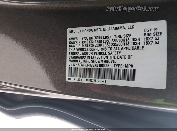 5FNRL6H73KB108393 2019 HONDA ODYSSEY Gray ძრავის განყოფილების ხედი