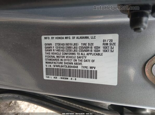 5FNRL6H73LB044048 2020 HONDA ODYSSEY Silver Engine compartment view