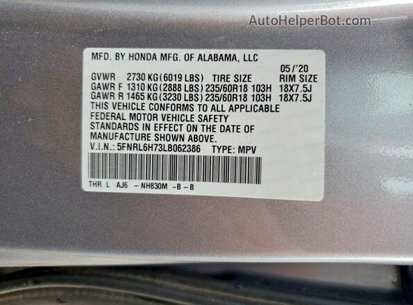 5FNRL6H73LB062386 2020 HONDA ODYSSEY Blue 360 interior view