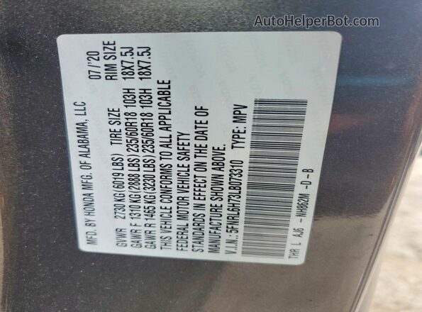 5FNRL6H73LB073310 2020 HONDA ODYSSEY Gray Widok wnętrza 360 stopni