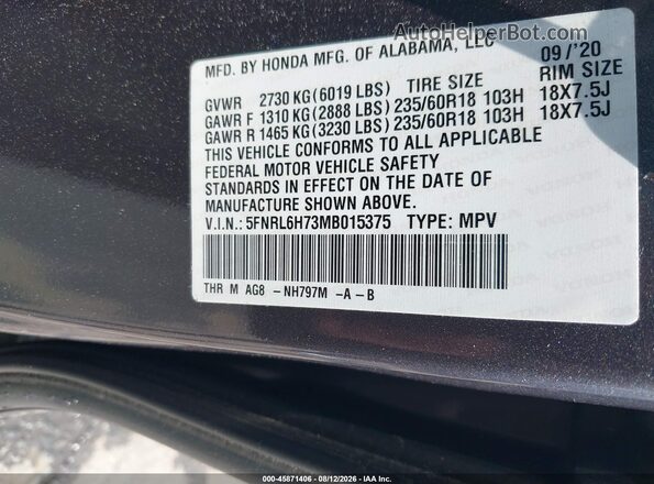 5FNRL6H73MB015375 2021 HONDA ODYSSEY Gray Вид підкапотного простору