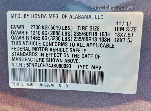5FNRL6H74JB060093 2018 HONDA ODYSSEY Gray Widok naklejki z numerem VIN
