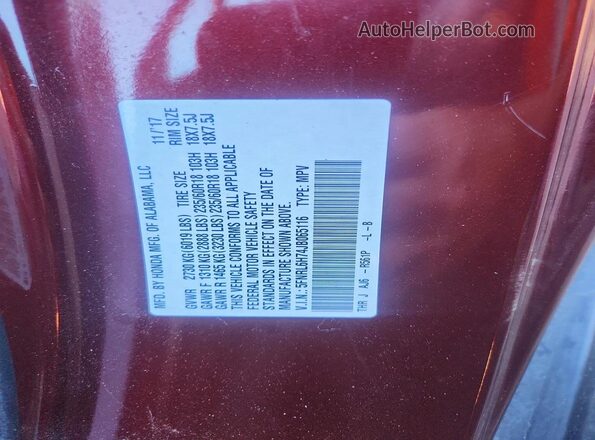 5FNRL6H74JB065116 2018 HONDA ODYSSEY Burgundy Vista de la etiqueta del VIN