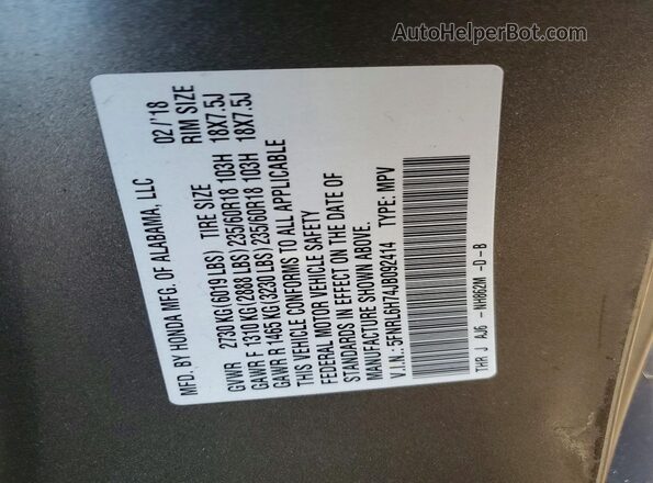 5FNRL6H74JB092414 2018 HONDA ODYSSEY Gray Widok naklejki z numerem VIN
