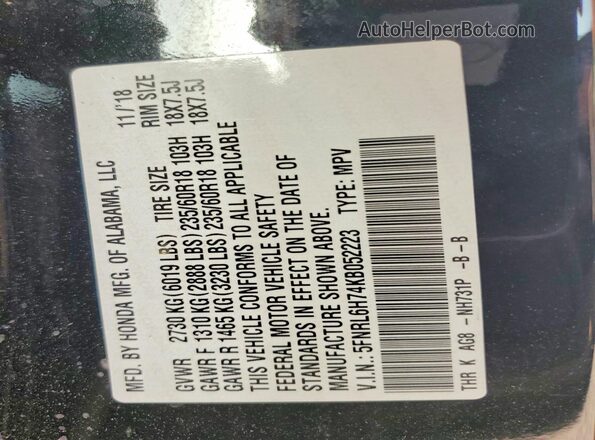 5FNRL6H74KB052223 2019 HONDA ODYSSEY Black Вид наклейки з VIN-кодом