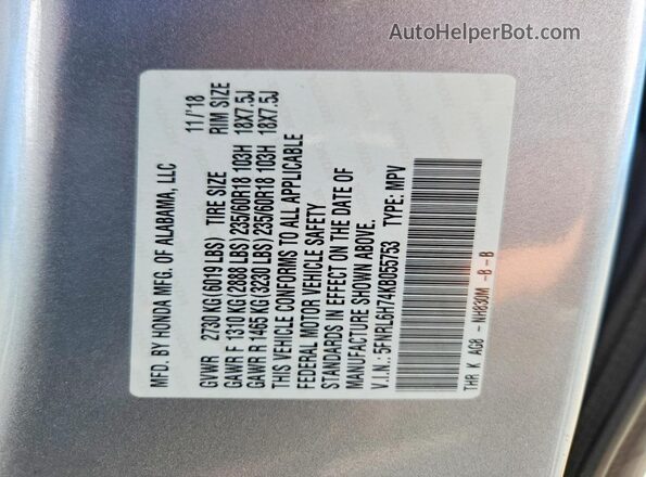 5FNRL6H74KB055753 2019 HONDA ODYSSEY Silver Widok naklejki z numerem VIN
