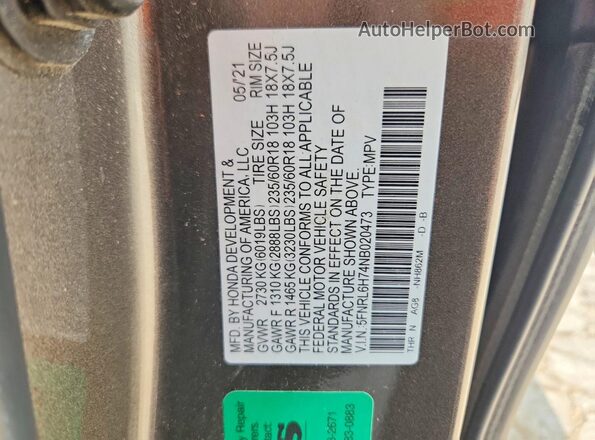 5FNRL6H74NB020473 2022 HONDA ODYSSEY Gray VIN კოდის სტიკერის ხედი