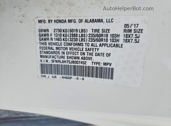 5FNRL6H75JB007452 2018 HONDA ODYSSEY White VIN sticker view