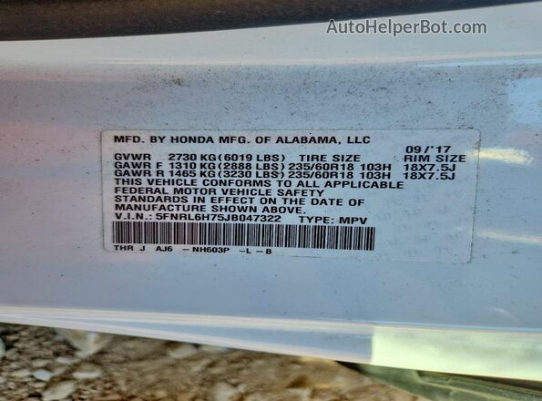 5FNRL6H75JB047322 2018 HONDA ODYSSEY White Панорамний вид салону 360°