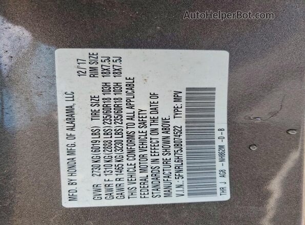 5FNRL6H75JB074522 2018 HONDA ODYSSEY Brown VIN sticker view