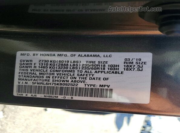 5FNRL6H75KB092522 2019 HONDA ODYSSEY Charcoal VIN კოდის სტიკერის ხედი