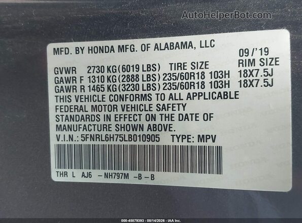 5FNRL6H75LB010905 2020 HONDA ODYSSEY Gray ძრავის განყოფილების ხედი