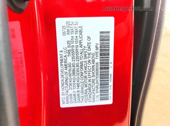 5FNRL6H75SB085506 2025 HONDA ODYSSEY Red VIN კოდის სტიკერის ხედი