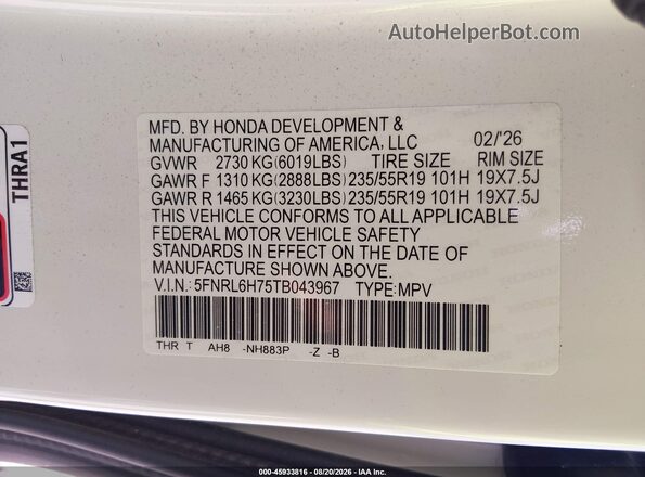5FNRL6H75TB043967 2026 HONDA ODYSSEY White Engine compartment view