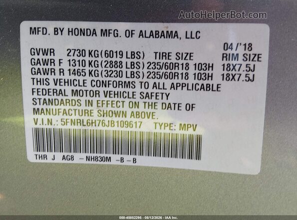 5FNRL6H76JB109617 2018 HONDA ODYSSEY Silver Engine compartment view