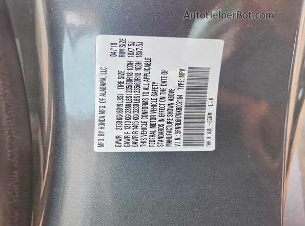 5FNRL6H76KB002164 2019 HONDA ODYSSEY Gray VIN sticker view