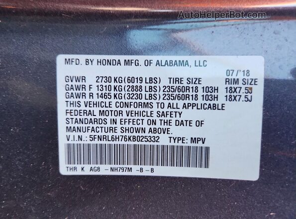 5FNRL6H76KB025332 2019 HONDA ODYSSEY Gray Вид наклейки з VIN-кодом