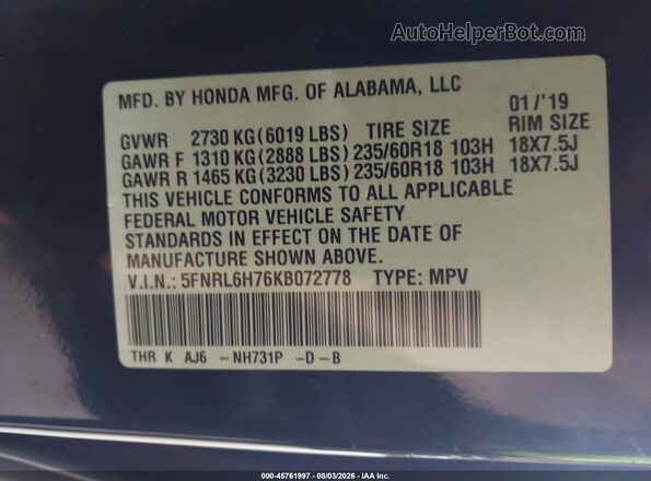 5FNRL6H76KB072778 2019 HONDA ODYSSEY Черный Вид подкапотного пространства