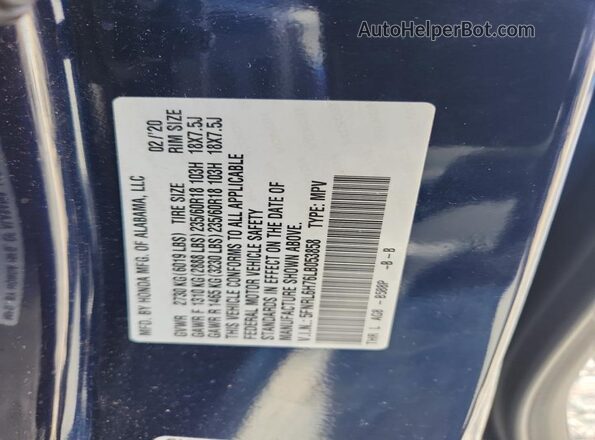 5FNRL6H76LB053858 2020 HONDA ODYSSEY Blue Widok naklejki z numerem VIN
