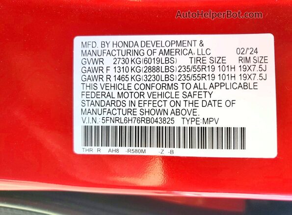 5FNRL6H76RB043825 2024 HONDA ODYSSEY Red VIN sticker view