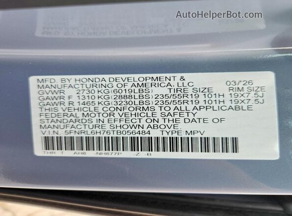 5FNRL6H76TB056484 2026 HONDA ODYSSEY Blue Widok naklejki z numerem VIN