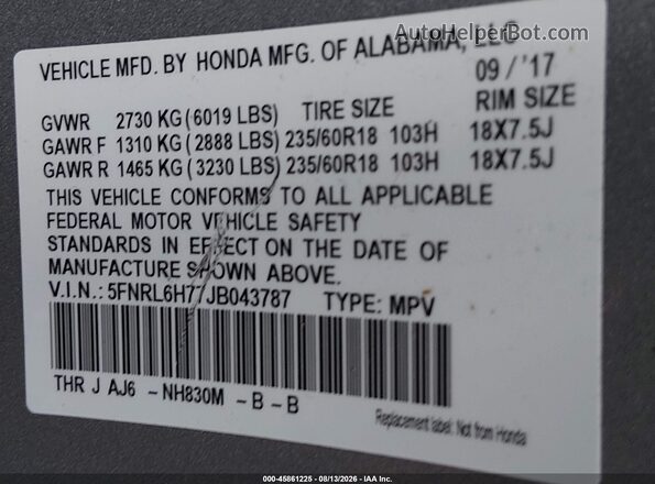 5FNRL6H77JB043787 2018 HONDA ODYSSEY Серый Вид подкапотного пространства