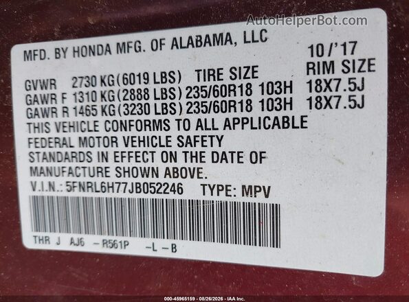 5FNRL6H77JB052246 2018 HONDA ODYSSEY Red Շարժիչի բաժամունքի տեսք