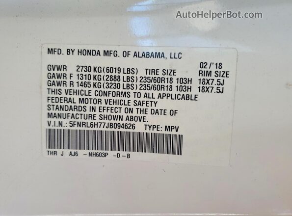 5FNRL6H77JB094626 2018 HONDA ODYSSEY Белый Вид наклейки с VIN-кодом