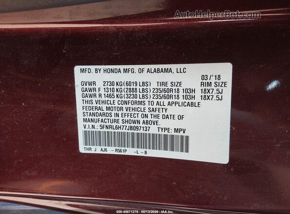 5FNRL6H77JB097137 2018 HONDA ODYSSEY Burgundy Շարժիչի բաժամունքի տեսք